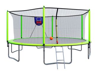 15FT Trampoline with Basketball Hoop Inflator and Ladder, 6pcs safety new pole Sleeves- Green