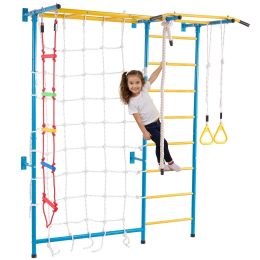 Indoor Jungle Gym for Toddlers, 7-in-1 Climbing Playset with Carbon Steel Swedish Ladder, Wall Ladder, Pull-Up Bar, Rope Ladder, and Gymnastic Ri
